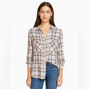 Sanctuary Linen Blend Plaid Flannel Button Down Boyfriend Shirt Size Large NWOT